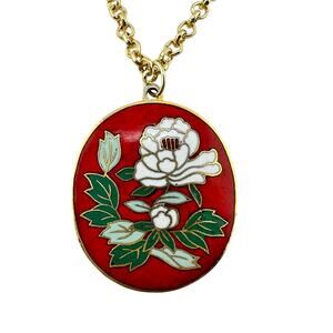 Red Enamel Cloisonne White Flower Blossom Gold Tone Vintage Pendant 18" Necklace